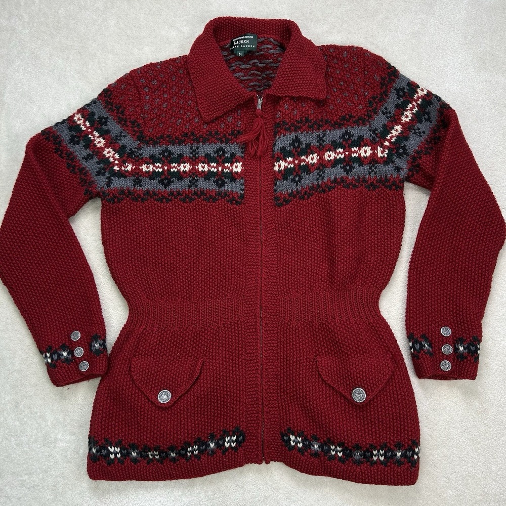 Vintage 90s Lauren Ralph Lauren Hand Knit Red Sweater Women's Medium Full Zip